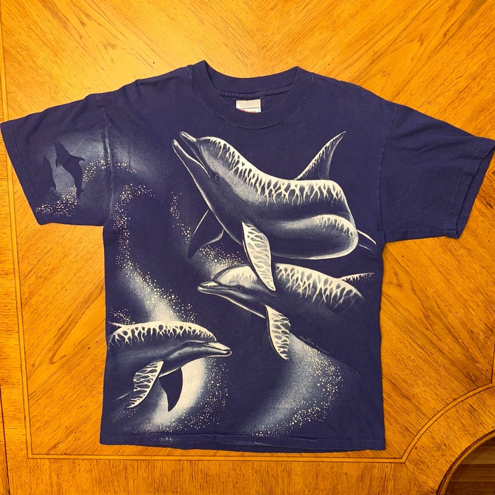 Vintage 90s Made In USA Single Stitch AOP Dolphins Shirt Men’s Size M Blue 1994